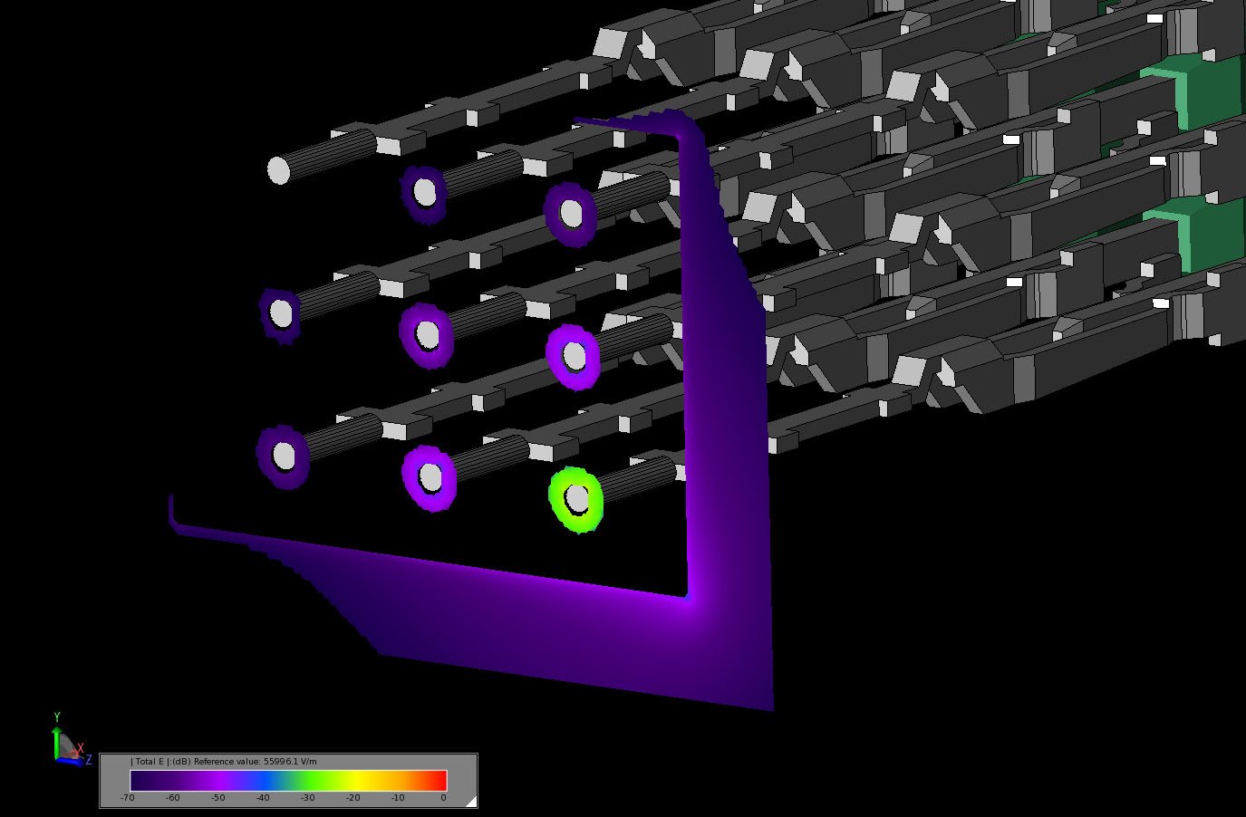 Figure 10Transient electric field in a cut through the output port plane of the connector as the field is spreading beyond the output port to the adjacent ports.