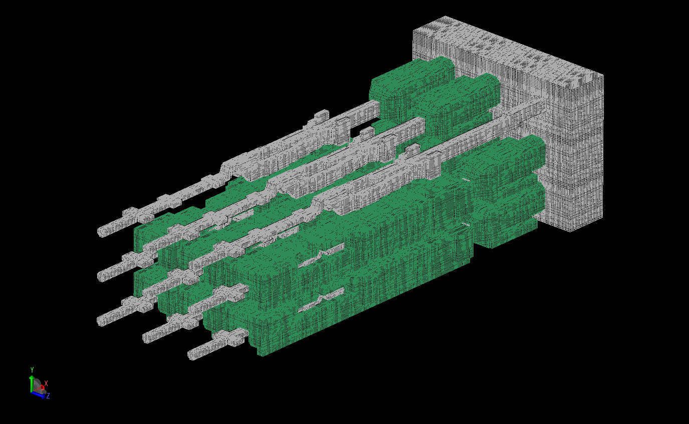 Figure 4Mesh view of the FDTD geometry in XF7 with some parts removed to show internal detail.