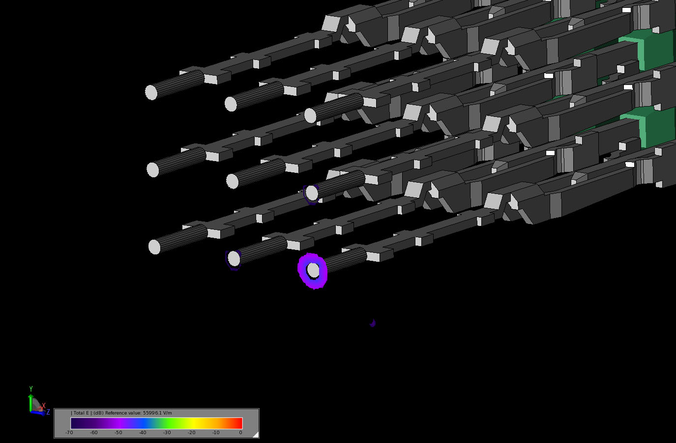 Figure 9Transient electric field in a cut through the output port plane of the connector as the field is just reaching the output port.