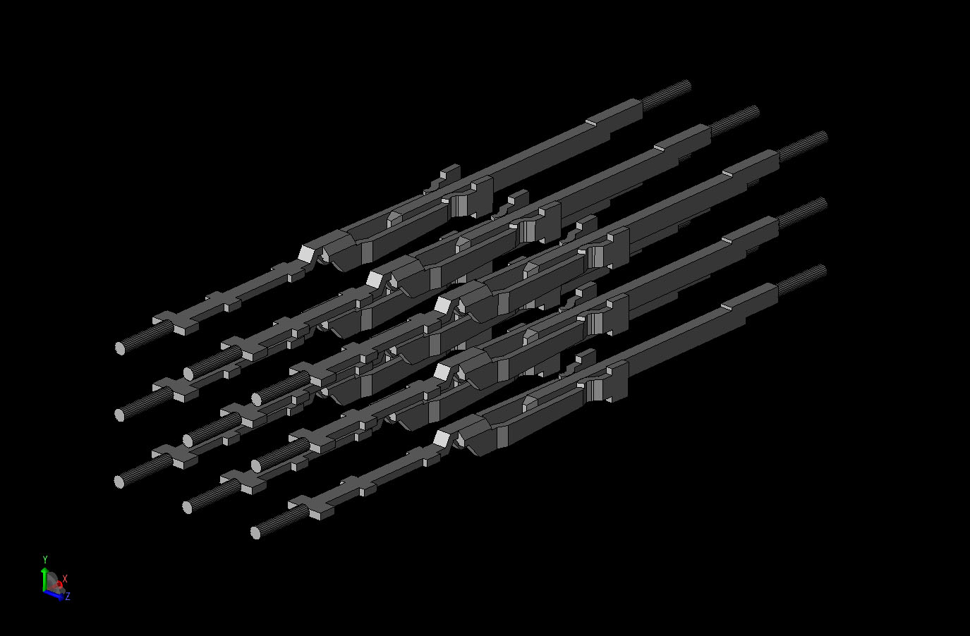 Figure 3CAD view of the connector with only the pins visible. As can be seen, the pins meet in the center in male and female parts.