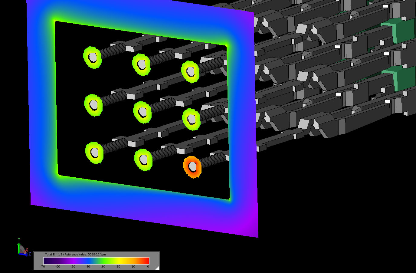 Figure 11Transient electric field in a cut through the output port plane of the connector after the field has reached all ports in the device.