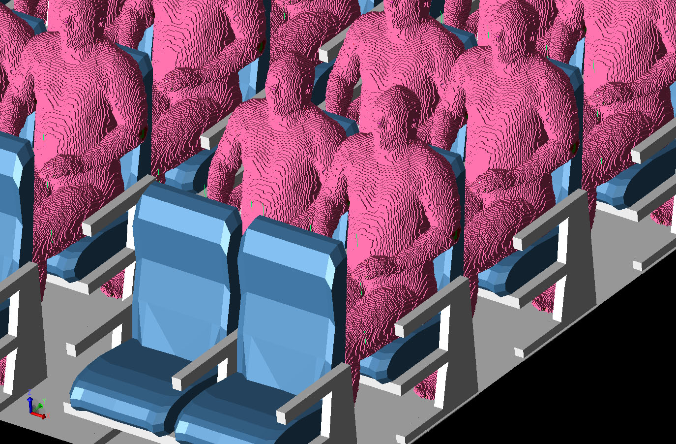 Figure 4Three-dimensional view of the aircraft cabin with some of the positioned VariPose men in the seats. All seats in the aircraft except the first and last rows have the men seated in them.