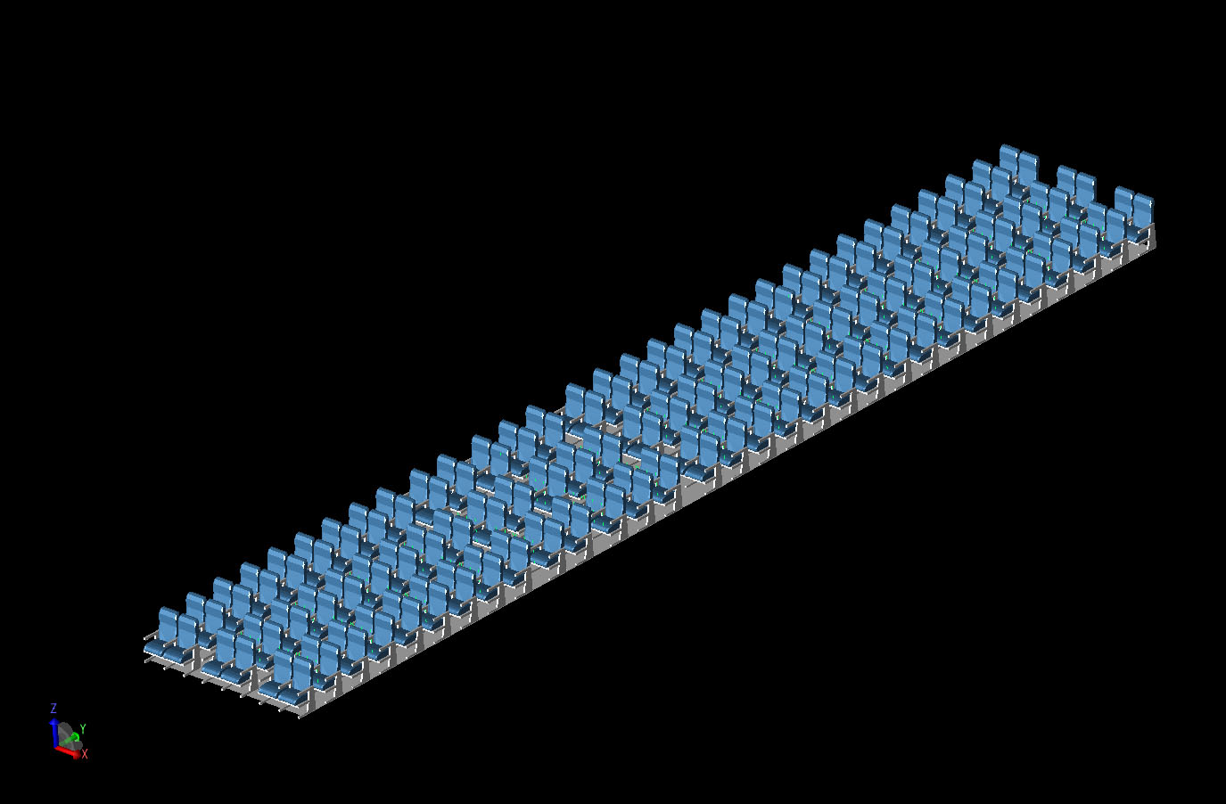 Figure 2CAD view of the aircraft cabin after the ceilings, walls, windows, and luggage compartments have been removed.