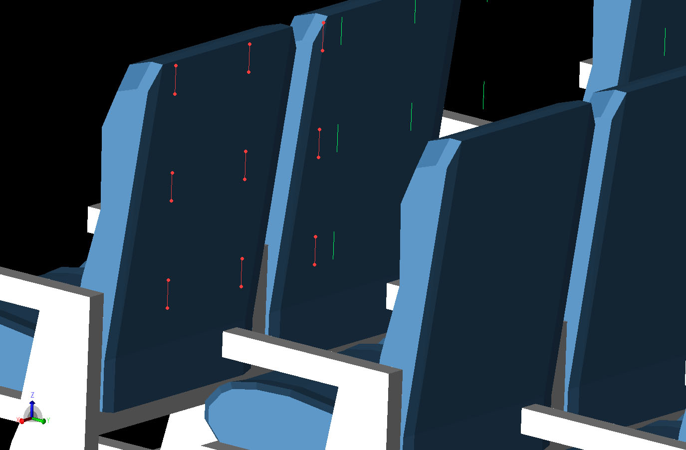 Figure 3The 3x3 grid of sensor locations defined as dipoles is shown behind one of the seat back locations. The sensor grids are located behind the seats in every other row of the cabin for the first three columns of seats.