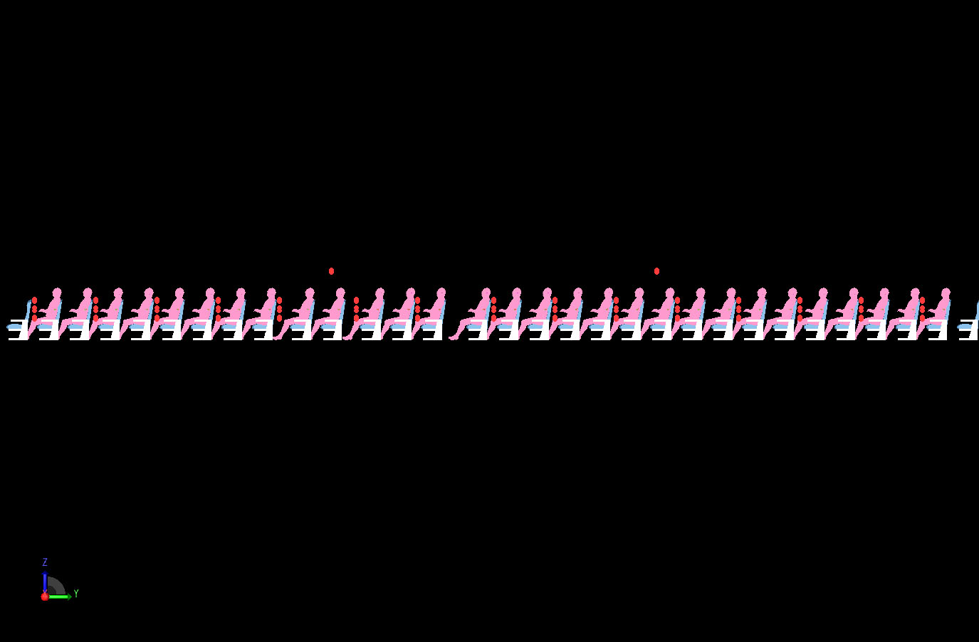 Figure 6In this side view, the men are shown positioned in the seats and the sensor arrays used for collecting the S-parameter data are shown as red ovals. The two transmitting antennas are at the ceiling level.