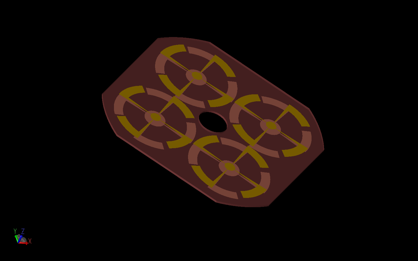 Figure 2: A detailed view of the center magnetic dipole array is shown. The four elements are printed on the top and bottom of the substrate material and are fed at the centers.