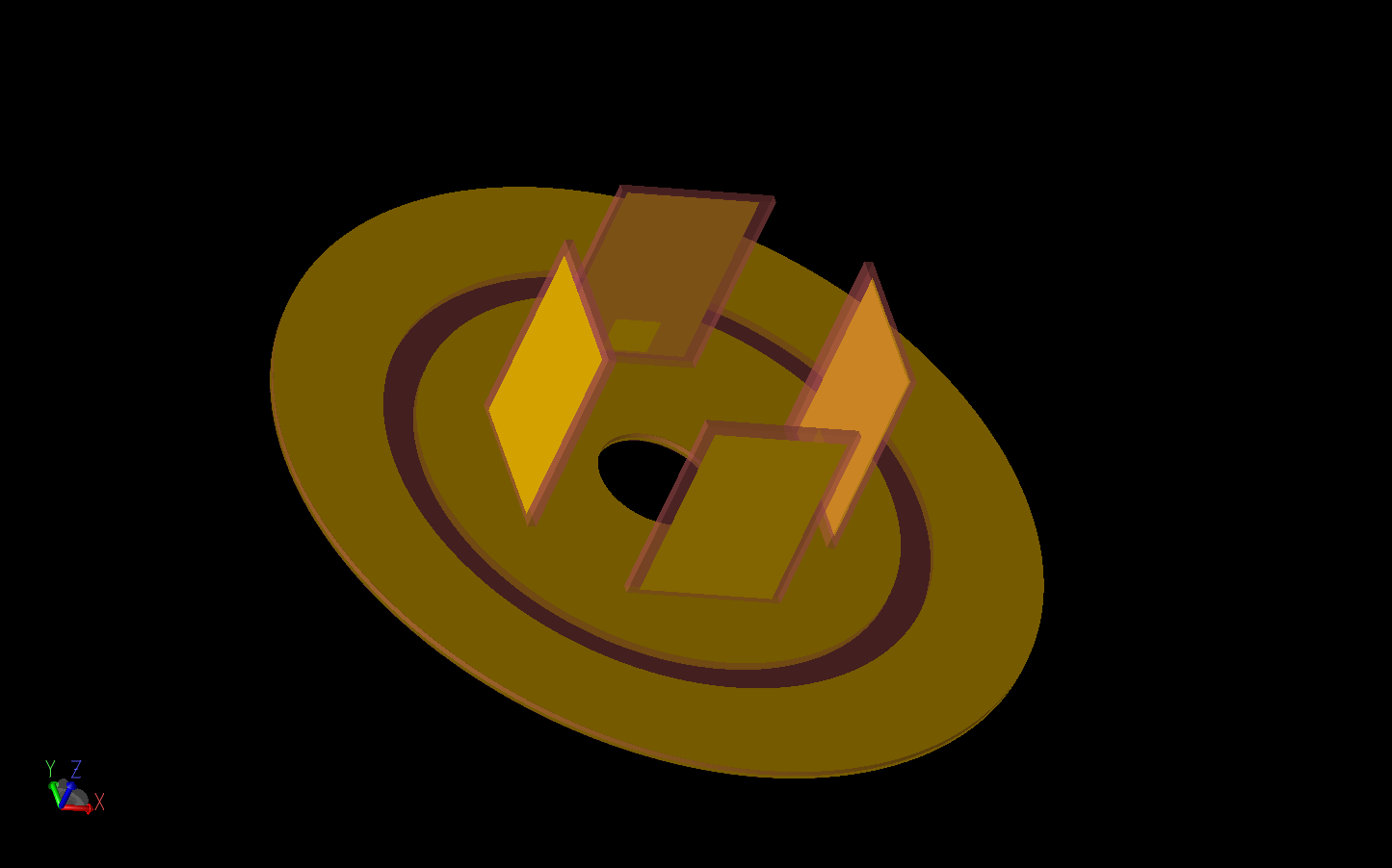 Figure 3: The lower electric monopole array is shown with the four elements arranged on the circular ground plane. There is a small feed patch on the inner side of each element.