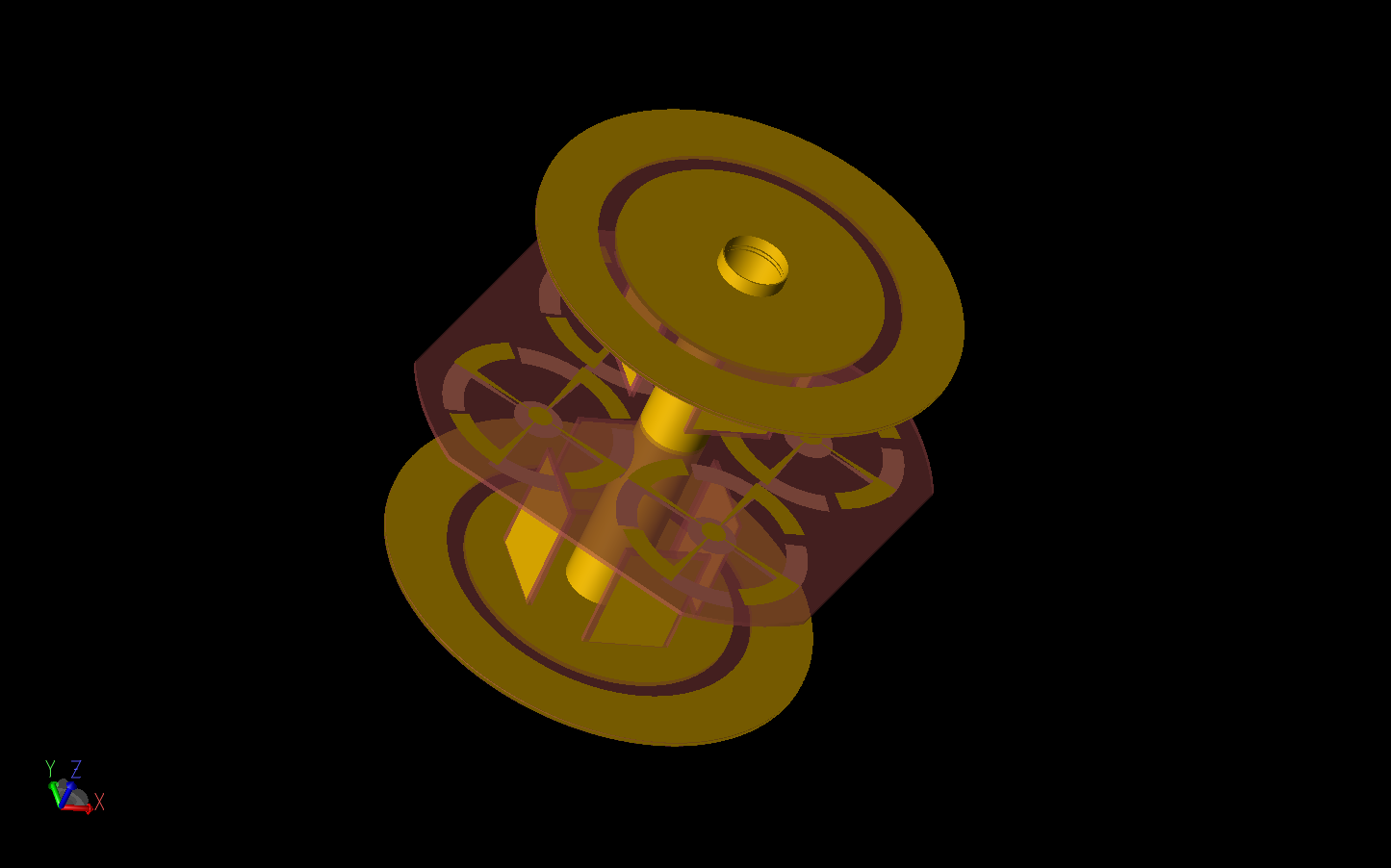 Figure 1: Shown is a three-dimensional CAD representation of the antenna array with electric monopole arrays above circular ground planes at the top and bottom of the device and a flat, four-element, magnetic dipole array at the center. The gold mat…