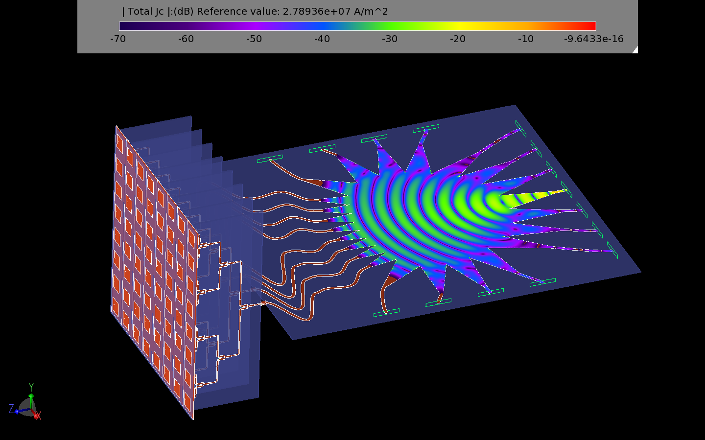 Figure 26: In this figure, the propagation of conduction currents from beam port 4 of the Rotman lens has just reached the array ports of the lens.