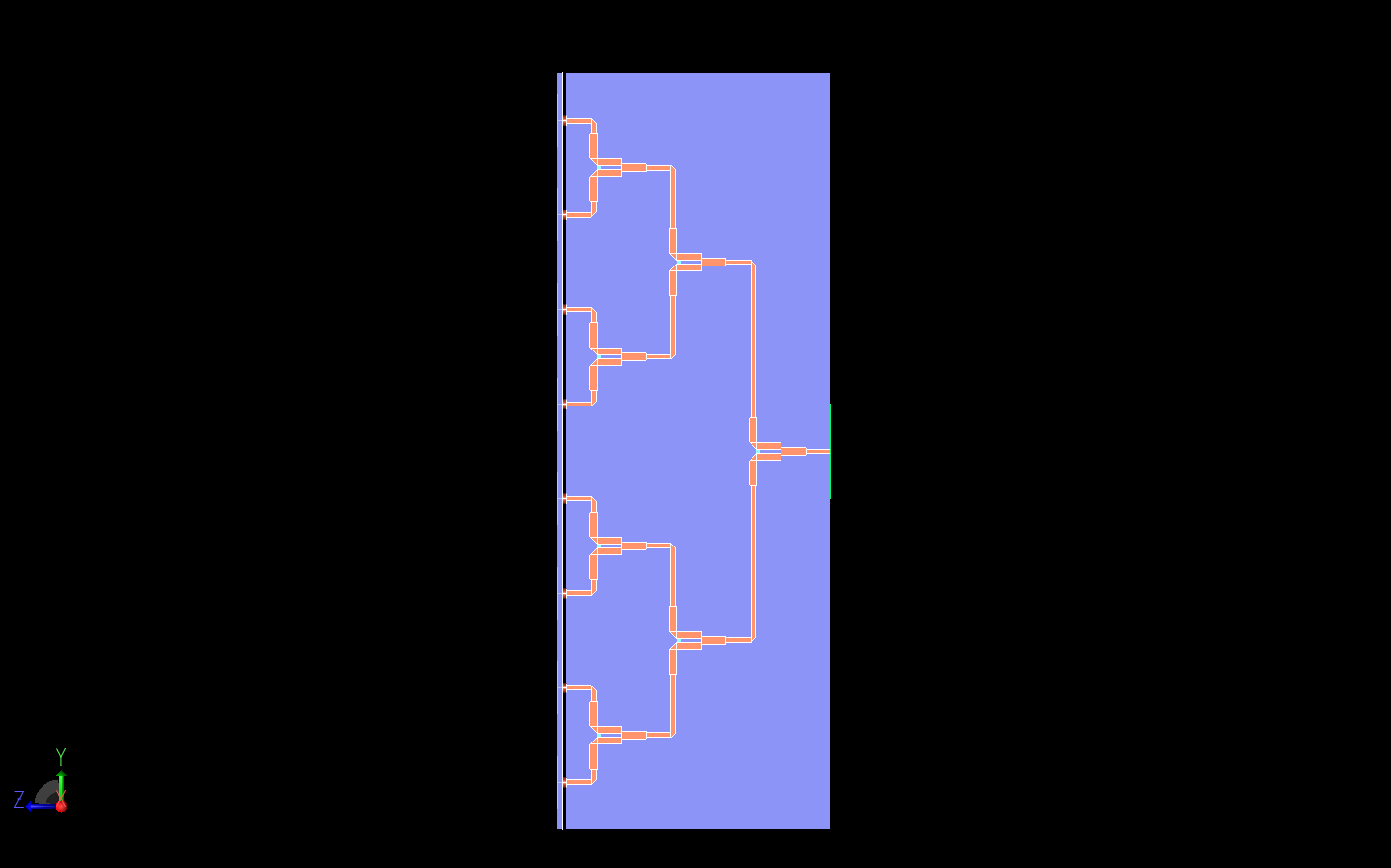 Figure 9: A side view of the Wilkinson power divider is shown which clearly displays the three stages of dividing the signal.