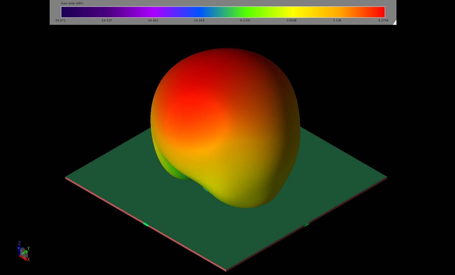 Figure 21:  The three-dimensional gain pattern of the wideband antenna at 2.4 GHz is a broad lobe similar to that of the dual-band antenna.