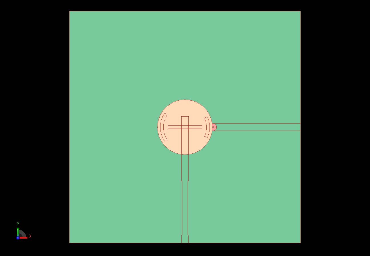 Figure 3:  The wideband antenna is identical for port 1 with the coaxial probe, but has several modifications to the port 2 feed including an impedance transformer on the microstrip line and two curved slots for coupling.