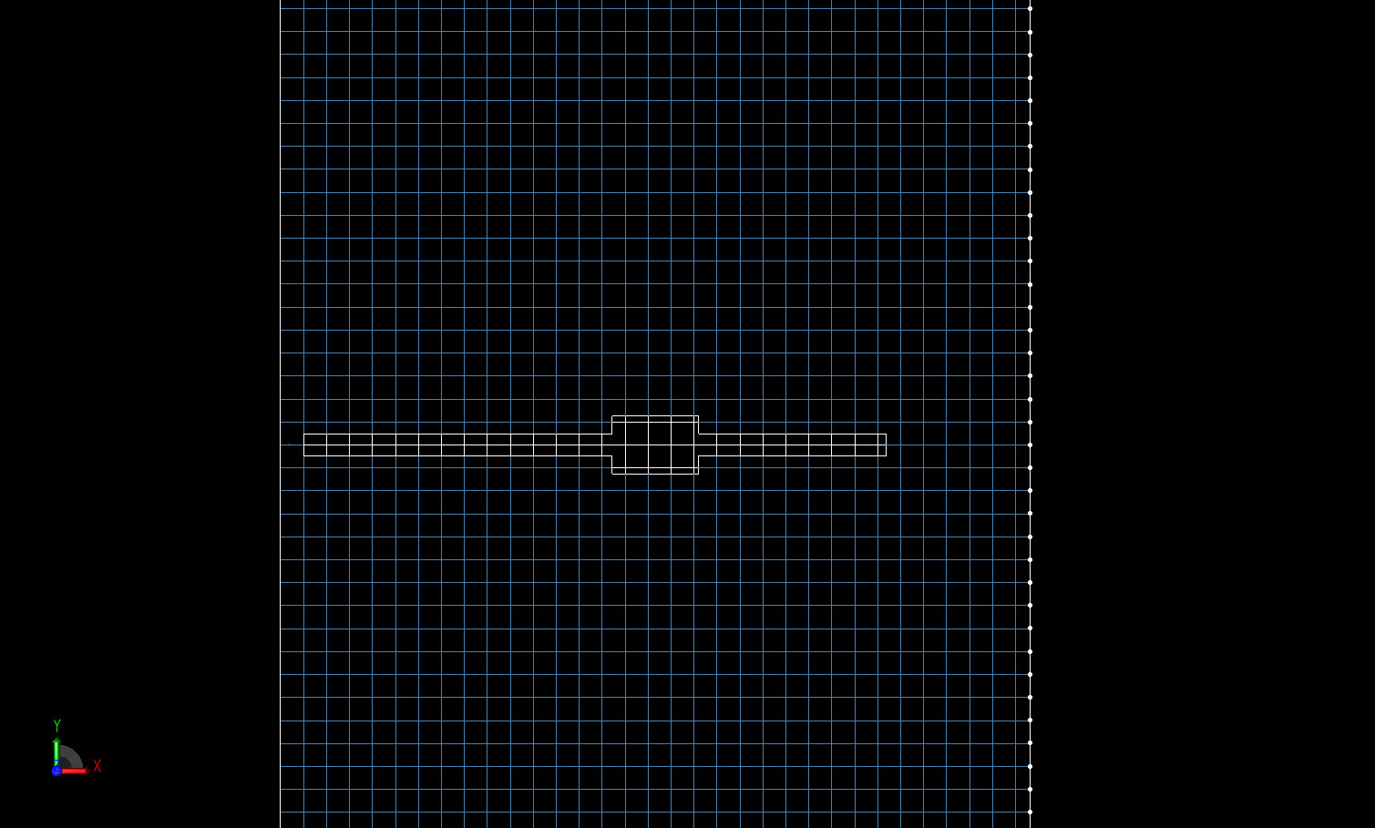 Figure 3A two-dimensional view of the feed line shows the sub-cellular size of the microstrip line and the XACT mapping used to define the shape exactly.