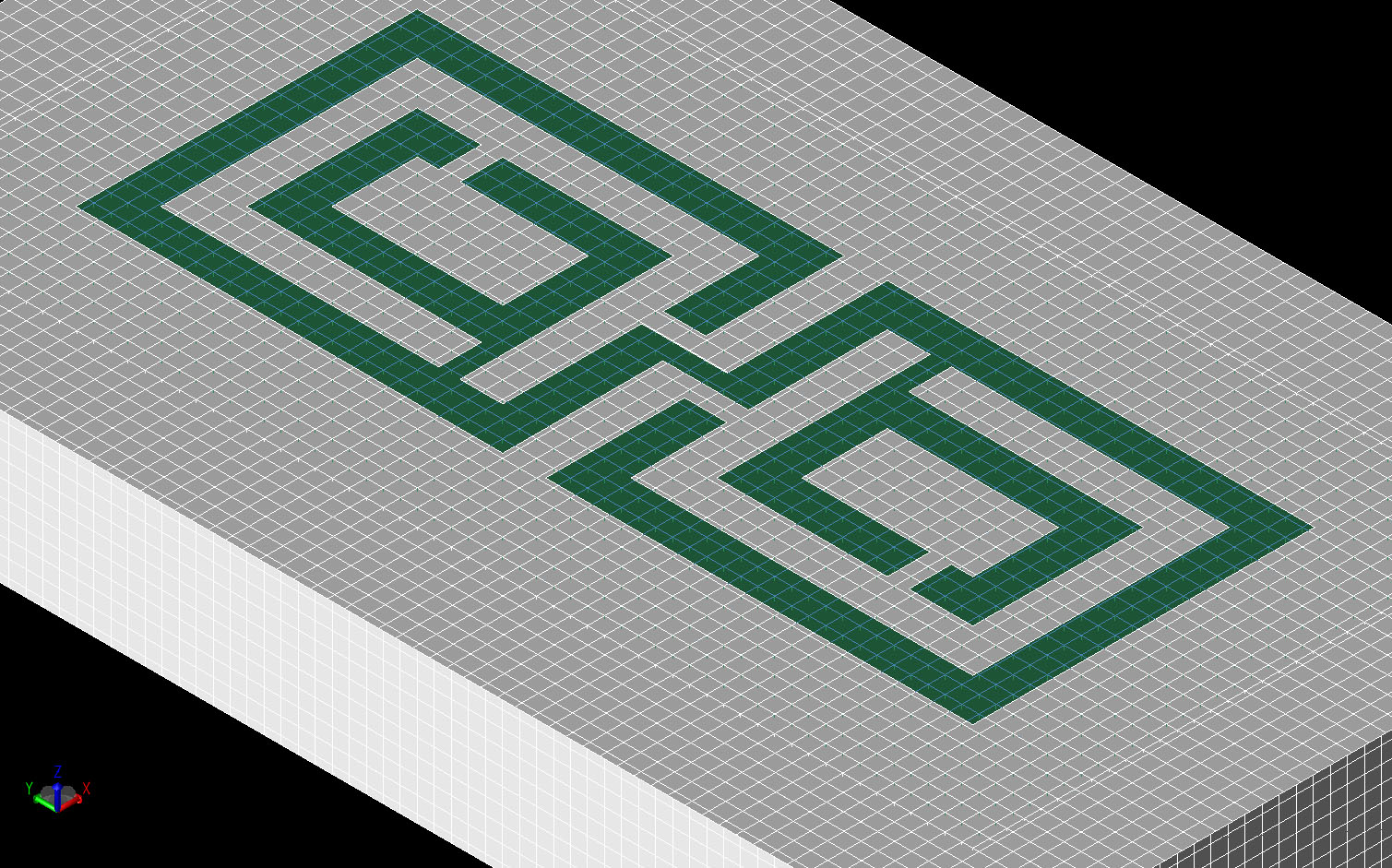 Figure 1A CAD representation of the cavity-backed antenna. The white material represents the metal layers while the green color is the dielectric substrate under the slots.