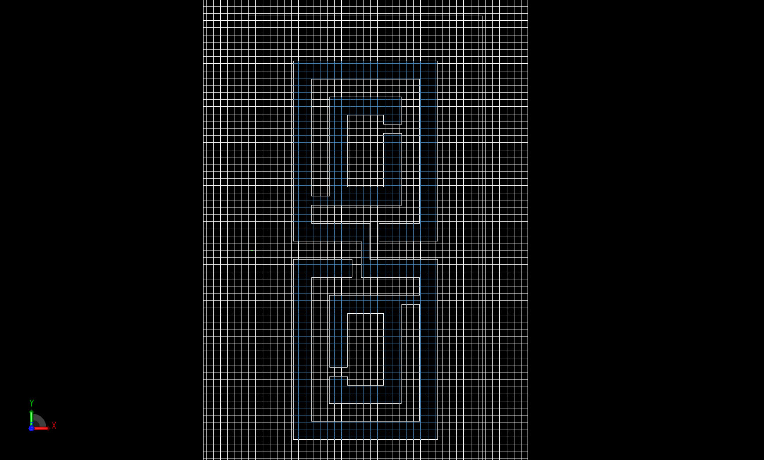 Figure 2A two-dimensional cut of the XFdtd 7 mesh of the antenna in the plane of the slots. Visible are the XACT-adjusted cells which perfectly conform to the edges of the CAD model.