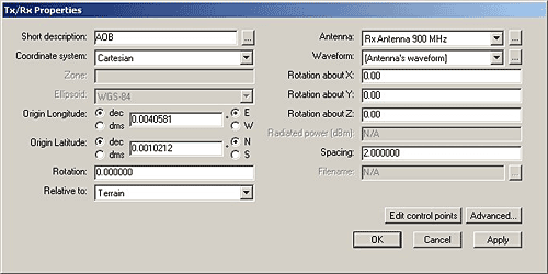 Figure 5. Rx Properties box in the process of defining the route along street AOB