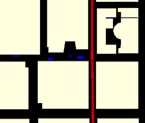 Figure 12. The rectangular blue structures are added to simulate traffic near the intersection on AOB.