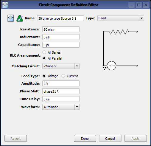 Figure 2: An example of one of the source definitions for the patch feeds, showing the phase shift set as a variable which may be adjusted depending on the desired beam direction.