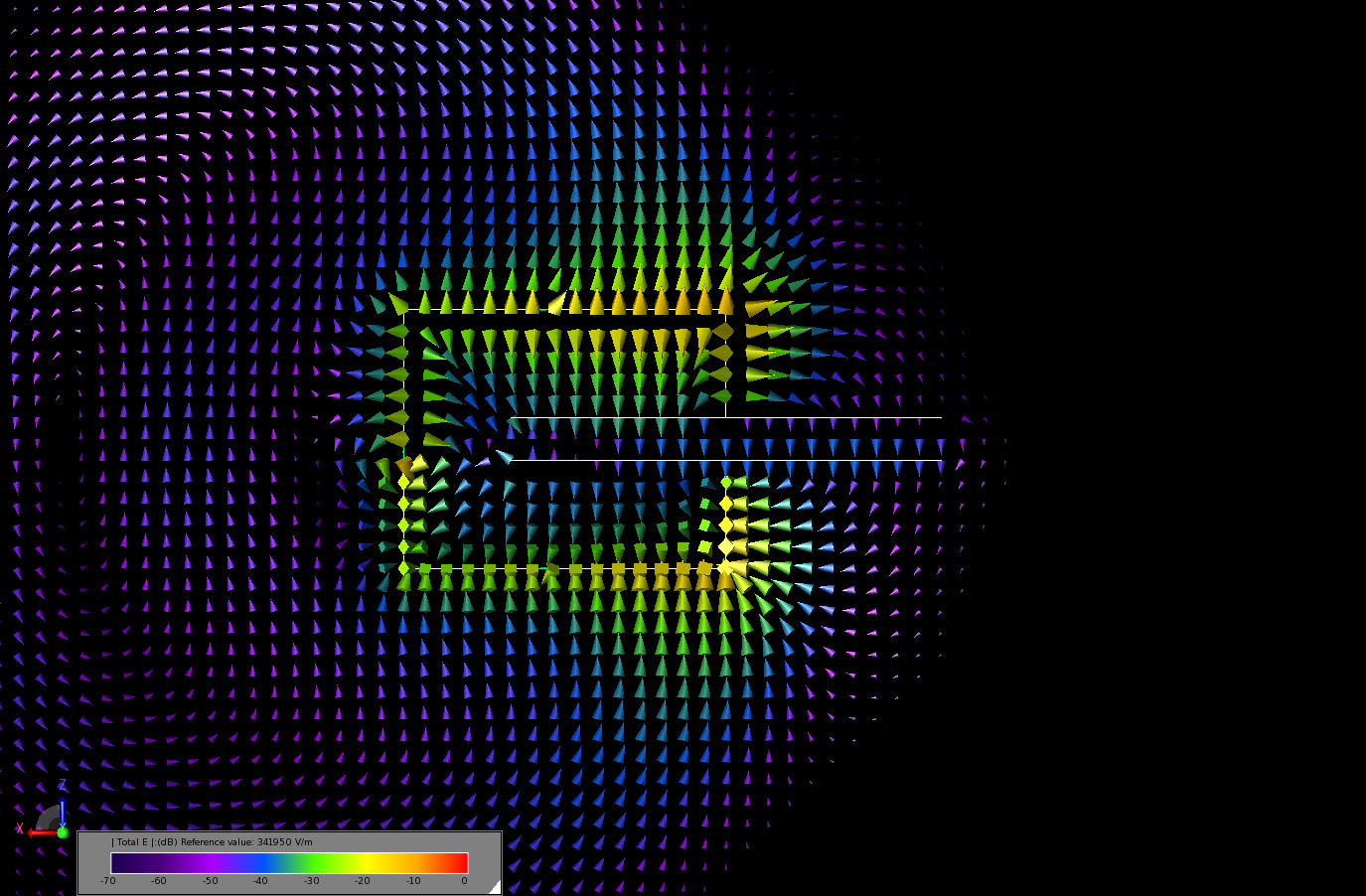 Figure 3The vector display of the transient electric fields through a plane of the capacitor as the current just reaches the parallel plates.