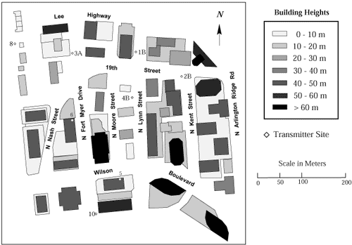 Figure 1: Plan View of the High-rise of Rosslyn Showing Many of the Transmitter Sites. 
