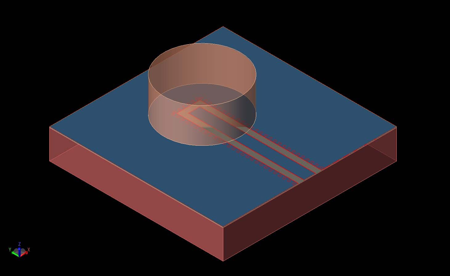 Figure 1:  A three-dimensional view of the on-chip dielectric resonator antenna is visible as a CAD drawing.  The cylindrical resonator is shown above the co-planar waveguide feed.  The silicon base layer is at the bottom.