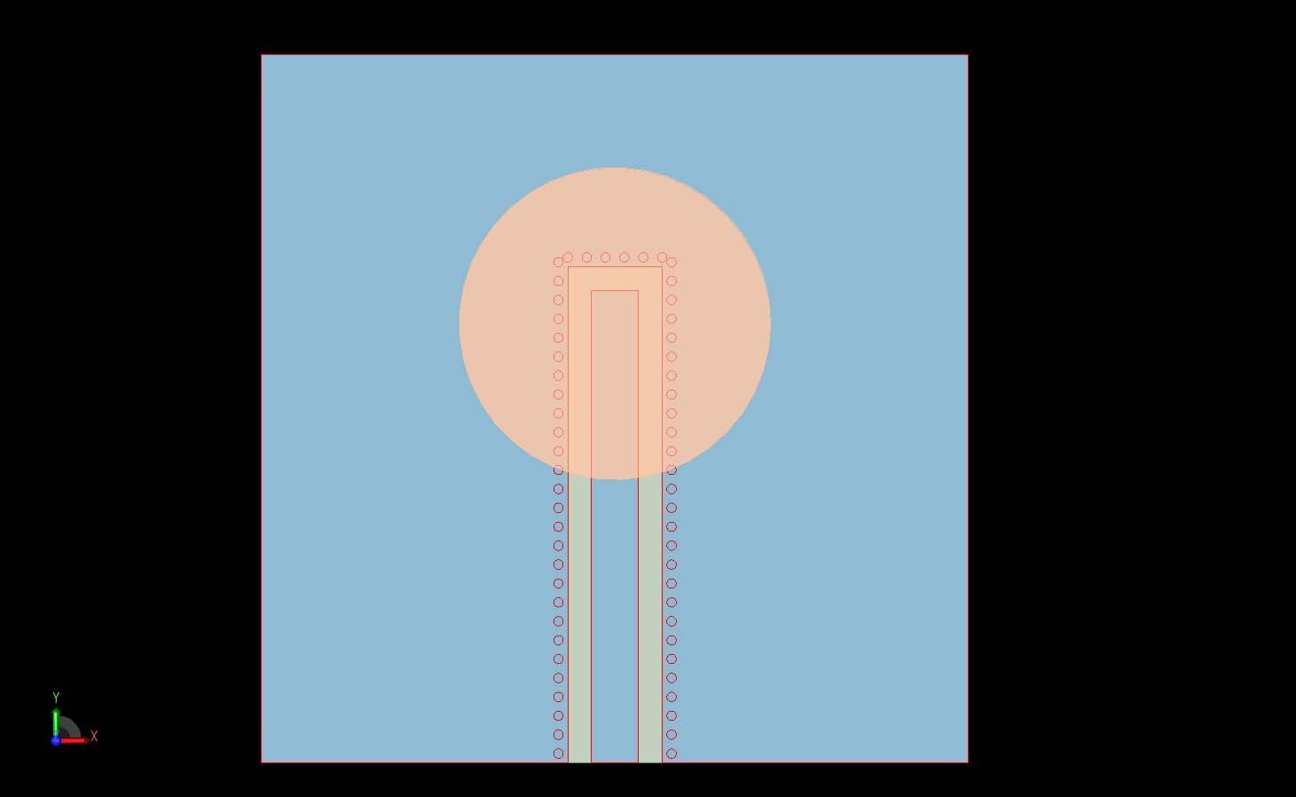 Figure 2: A top view of the antenna is shown where the co-planar waveguide lines are visible as well as the surrounding vias, which ground the conducting layer to the silicon block.