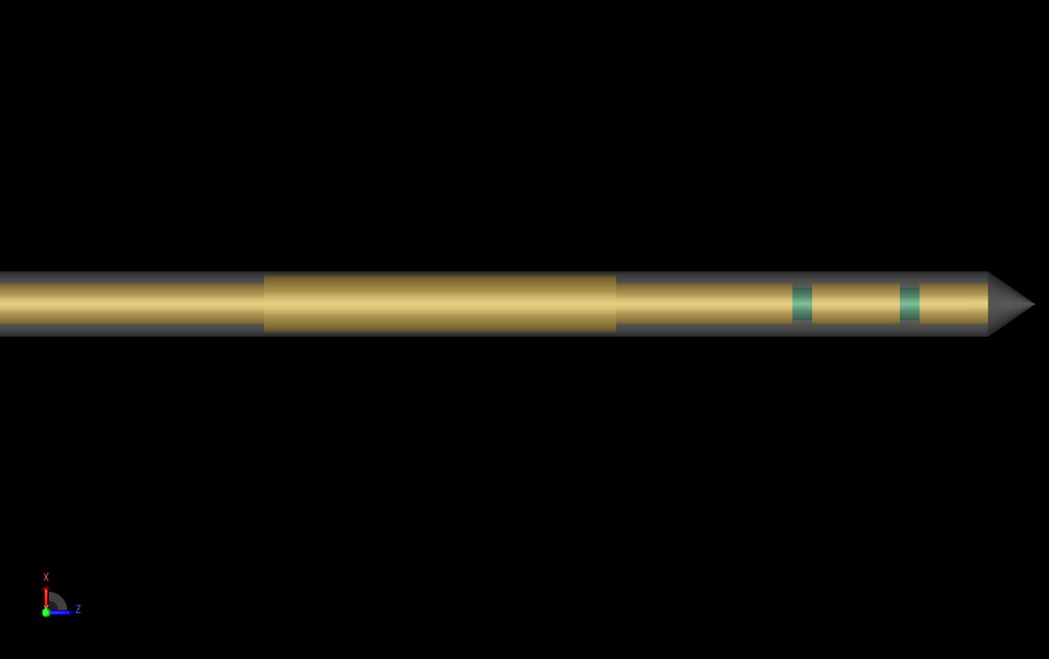 Figure 1: Shown is the CAD representation of the double slot choked antenna. The dielectric catheter is shown semi-transparent to allow viewing of the internal structure.