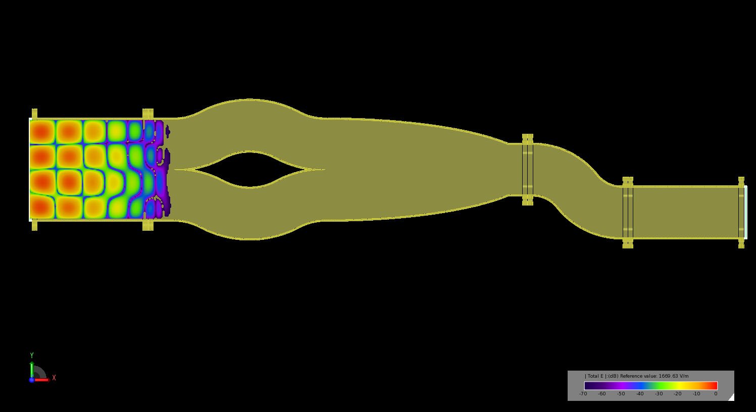 Figure 12Transient electric field propagation in the multi-mode converter as the TE40 fields reach the entrance to the dual tri-bend converters.