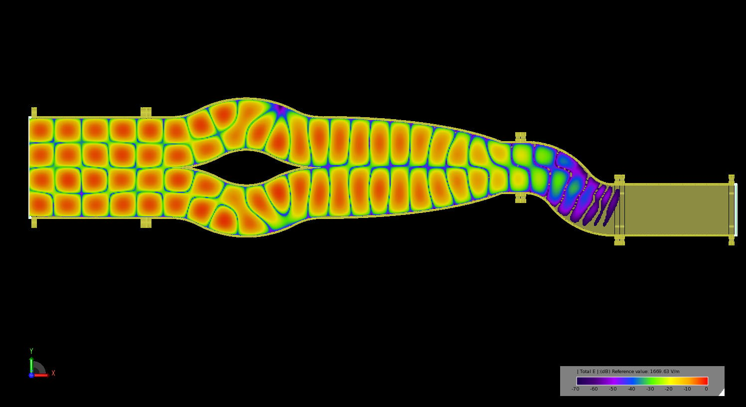 Figure 14Transient electric field propagation in the multi-mode converter as the TE20 fields pass through the dual bend mode converter and are transformed to TE10.