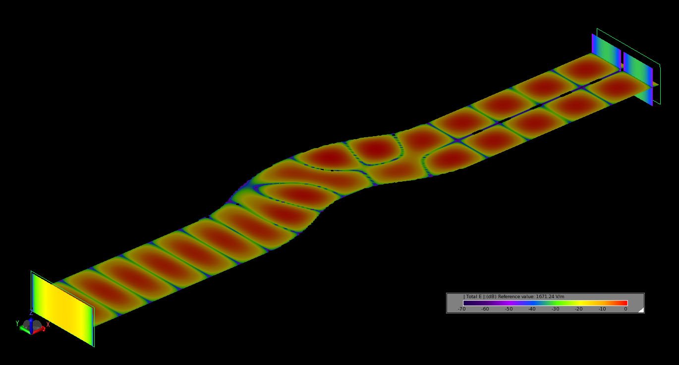 Figure 8The steady-state electric field distribution at the ports and inside the tri-bend mode converter at 8.5 GHz.