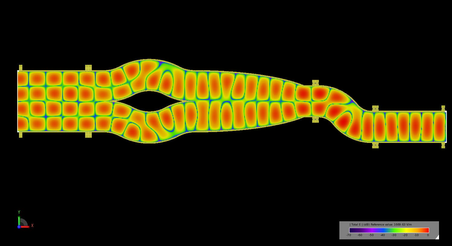 Figure 15Transient electric field propagation in the multi-mode converter showing the complete path of the TE40 fields through the tri-bend and dual bend mode converters to the output port where they emerge as TE10.