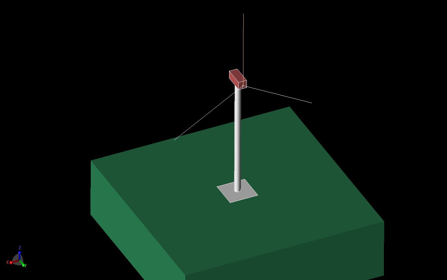 Figure 1Three-dimensional CAD view of the wind turbine tower above a lossy ground. The tower is 60 meters high with each blade 40 meters long. The vertical axis is Z and the long axis of the nacelle is Y.