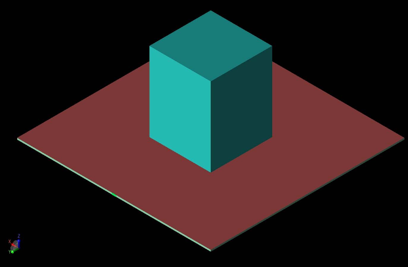 Figure 1:  A three-dimensional CAD view of the antenna geometry is shown with the dielectric resonator block visible at the center of the ground plane.