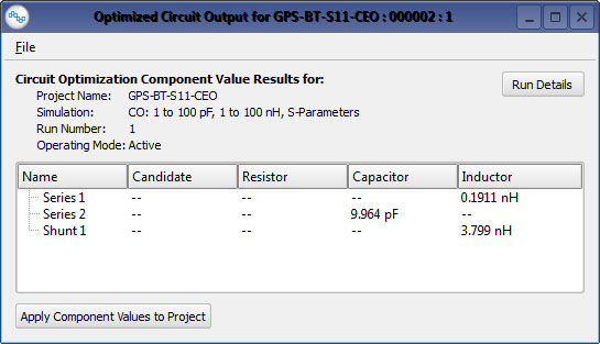 Figure 3: Optimized component values.