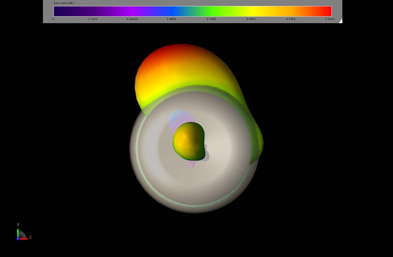 Figure 14:  A beam pattern for one of the two-element 5 GHz arrays is shown with a pattern focusing a beam at about 105 degrees.