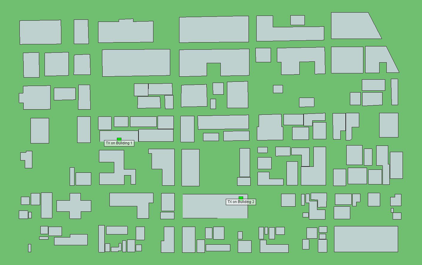 Figure 1Transmitter locations within an urban environment represented by green boxes.