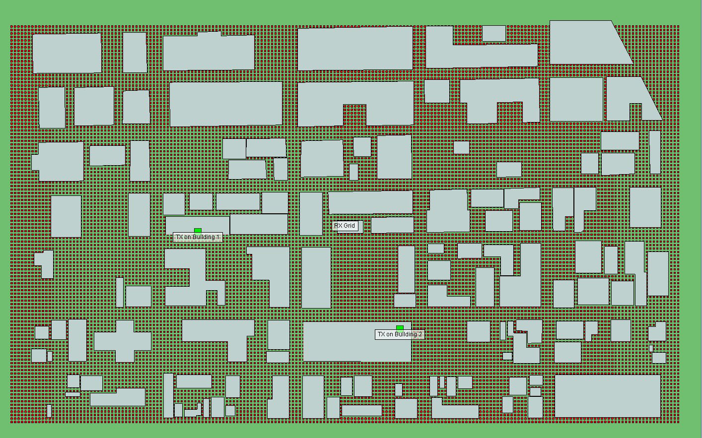 Figure 2Receiver locations within urban environment represented by red boxes.