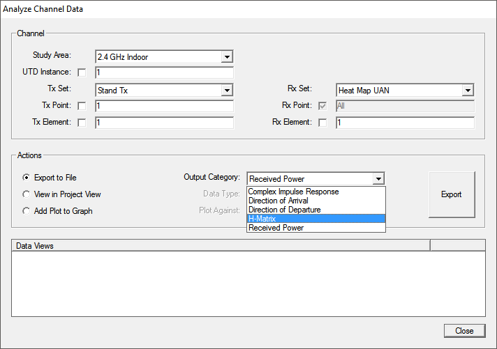 Figure 9: The “Analyze Channel Data” results browser was created for the Wireless InSite MIMO module. This browser allows users to output H-matrix, Complex Impulse Response, Delay Spread and Received Power.