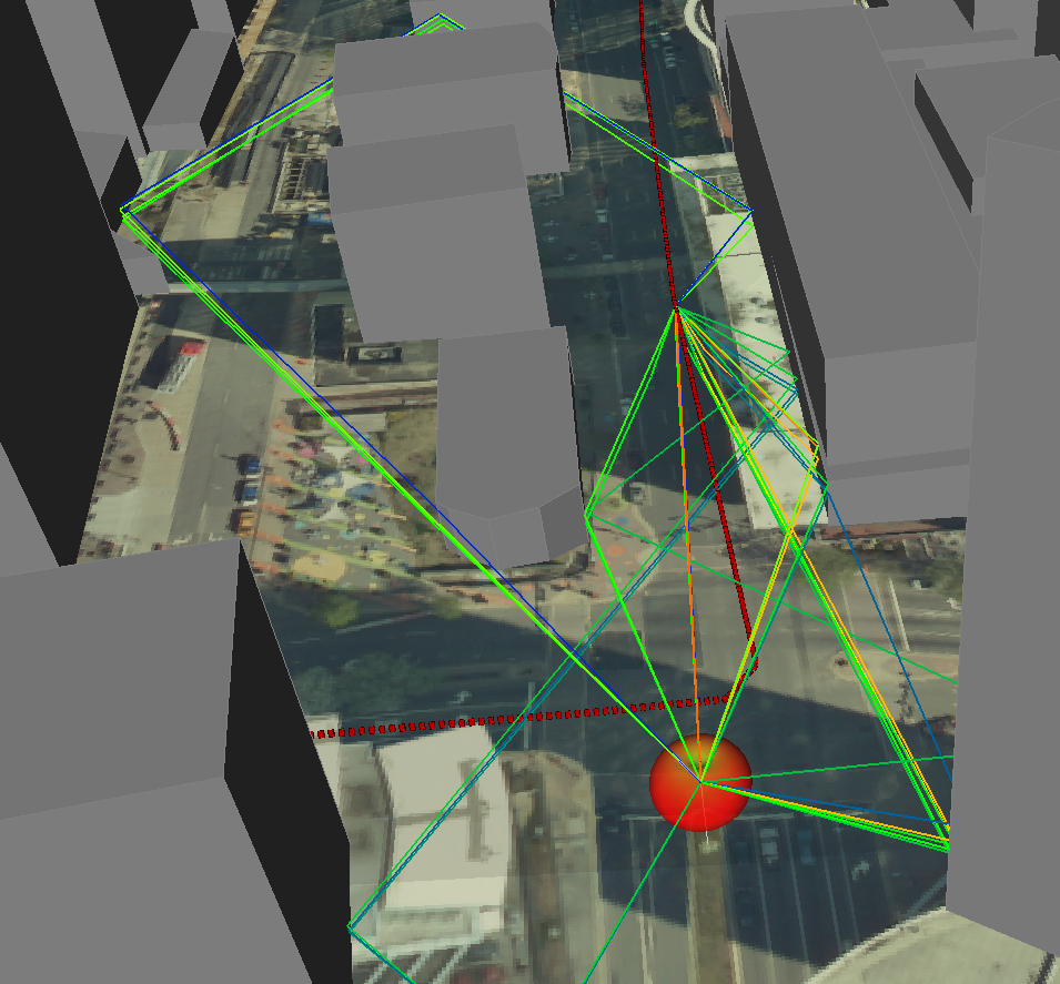 Figure 7: Top 25 propagation paths from base station to mobile device at one point along its route.