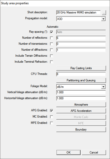 Figure 4: The Study Area Properties window gives the user control over which propagation model to run and the number of interactions