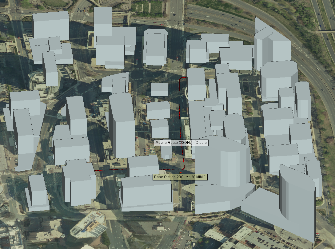 Figure 2: The 128-element Massive MIMO array is located on a Tx point several feet above the ground with a moving Rx set in the downtown area.