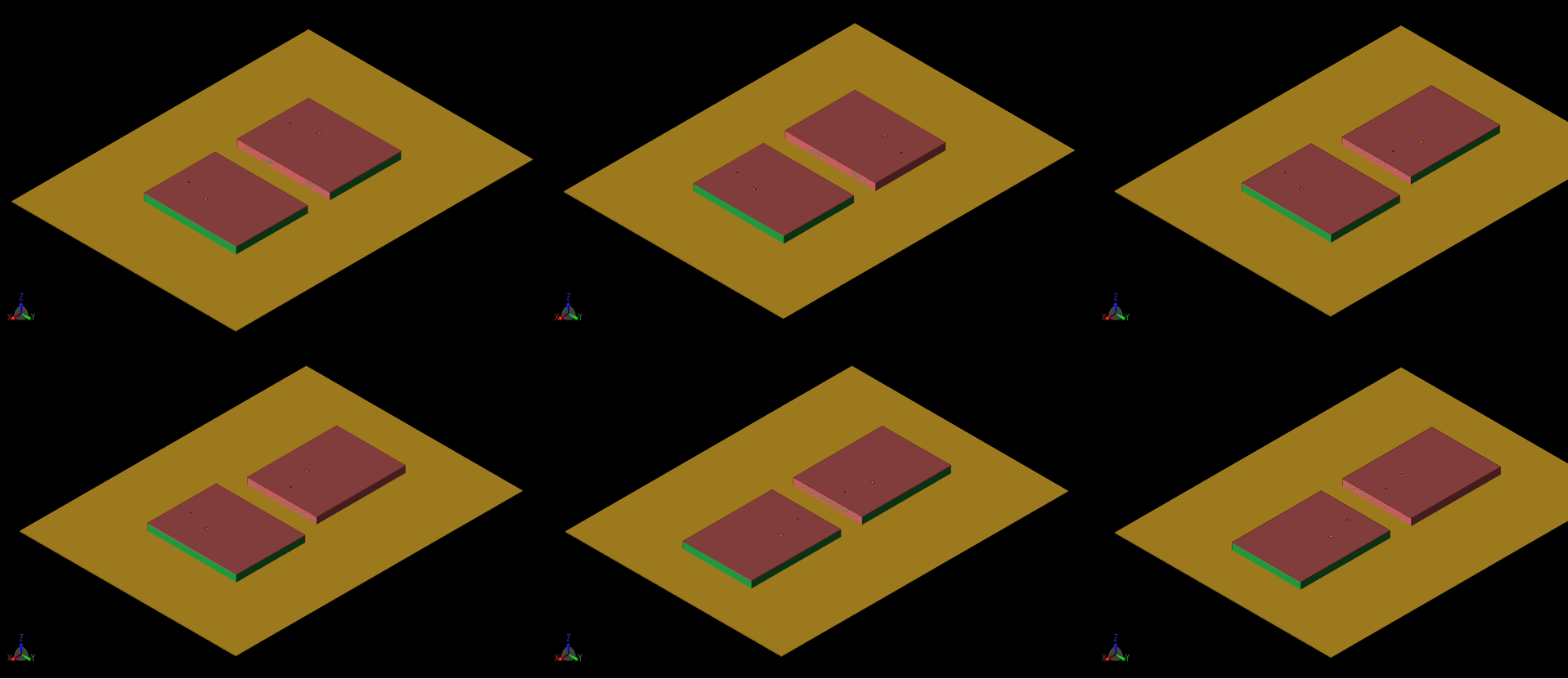 Figure 11: Six configurations of a 1x2 MIMO array were evaluated for performance. In each case, the separation between antenna elements is 10 mm and a shorted side is always facing the adjacent element. The configurations are labeled a, b, and c acr…