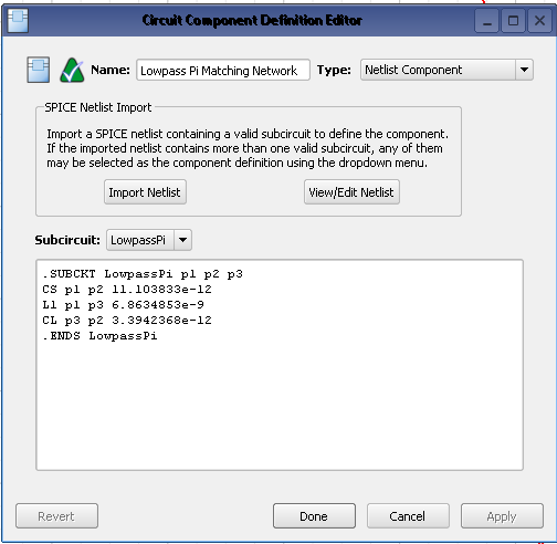 Figure 4: The menu for the netlist of the matching circuit used in the 4G antenna is shown. The netlist contains two capacitors and one inductor.