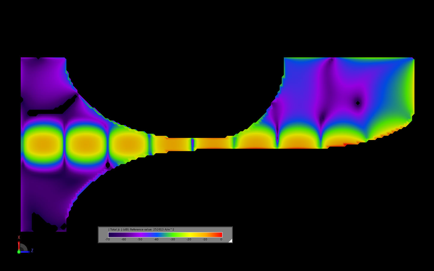 Figure 9Steady state conduction currents on the outer element of the antenna at 10 GHz.