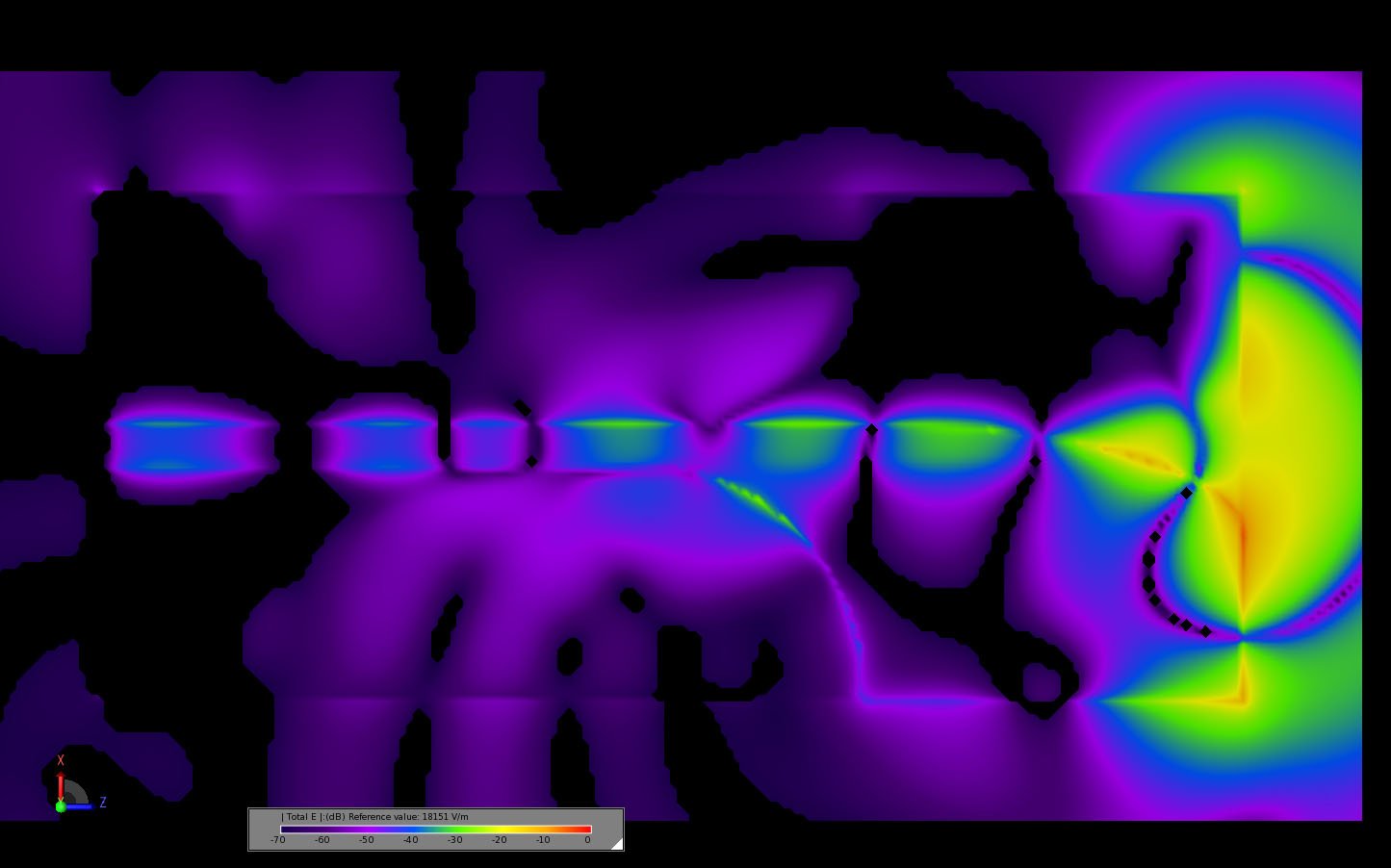 Figure 15Transient electric field distribution at the center of the antenna at 0.733 ns.