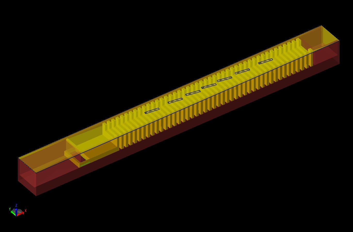 Figure 1CAD view of the geometry constructed in XFdtd showing the CRLH waveguide and the radiating slots.