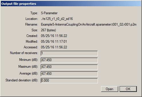 Figure 5: S-Parameter S21 – numerical value shown in the Output file properties window.