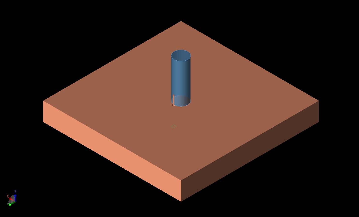 Figure 1:  A three-dimensional CAD representation of the geometry is shown with a conducting ground plane under a cylindrical dielectric resonator with permittivity of 7.  The resonator is excited by a coaxial probe on one side of the cyli…