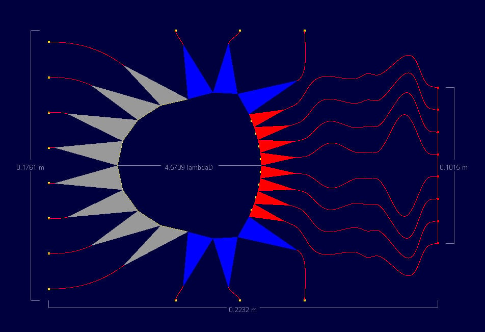 Figure 3: Shown is the Rotman lens as designed on a 0.127 mm substrate. Note the very thin transmission lines