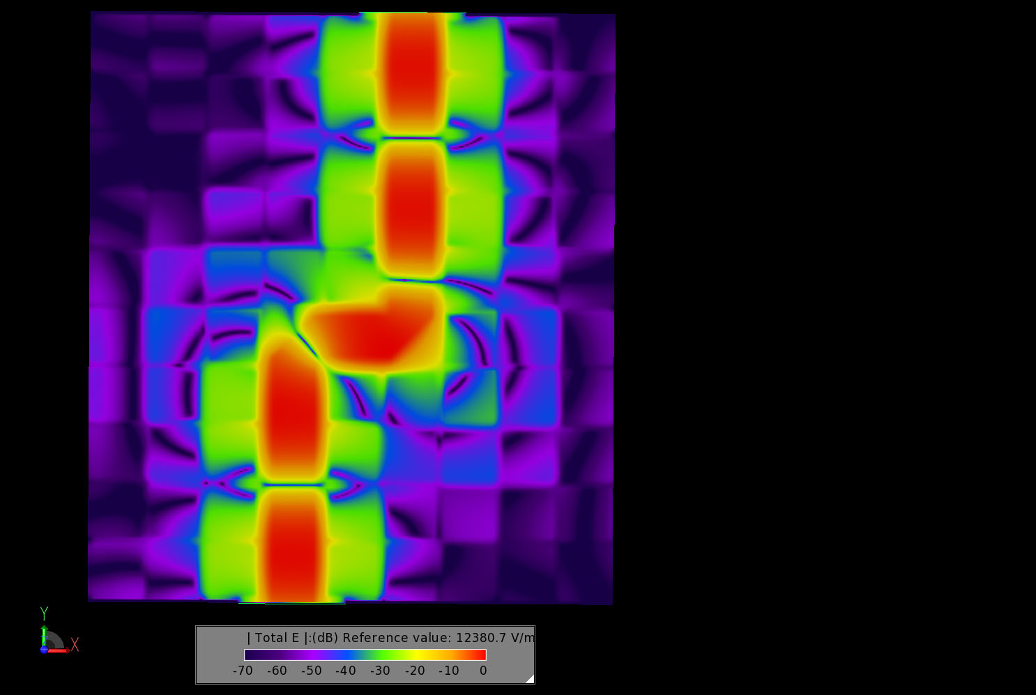 Figure 7The steady state electric field distribution at 9 GHz in the center of the air region between the EBG surface and the metal lid of the box. The fields are shown to be tightly constrained to the microstrip region.